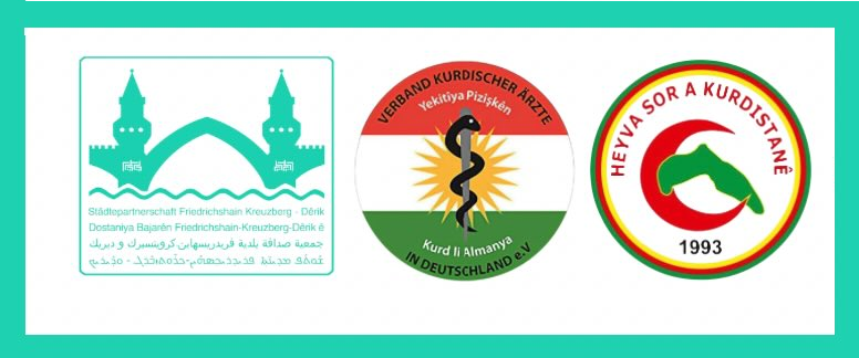 Logos von Städtepartnerschaft Friedrichshain-Kreuzberg - Derik, Kurdischer Ärzteverband Deutschland, Heyva Sor a Kurd